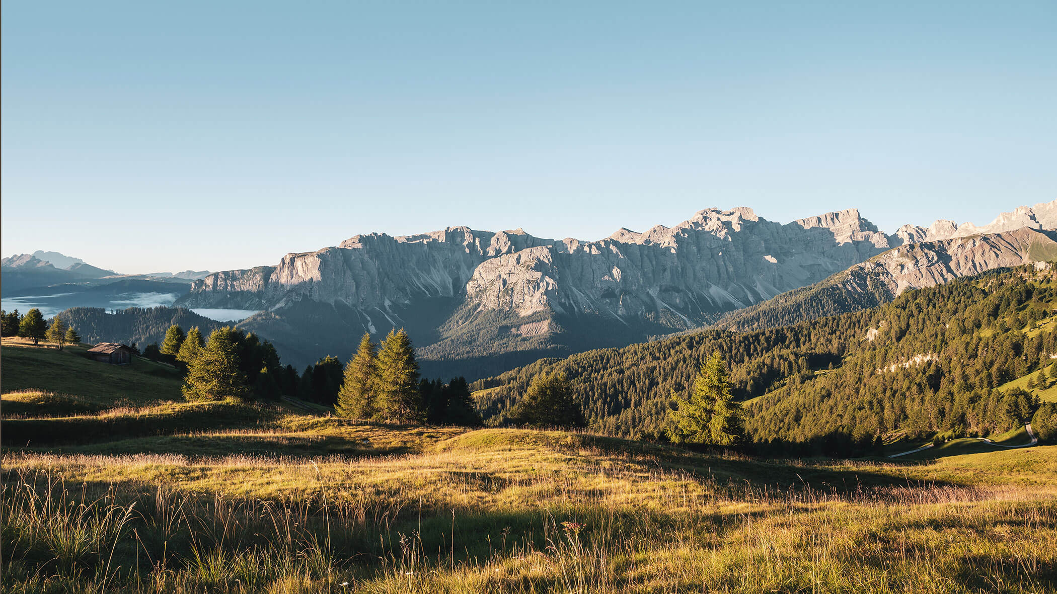 Sonnenbeschienene, grasbewachsene Hügel mit vereinzelten Bäumen, einer Bergkette und einem strahlend blauen Himmel im Hintergrund. - Lüch de Poldele