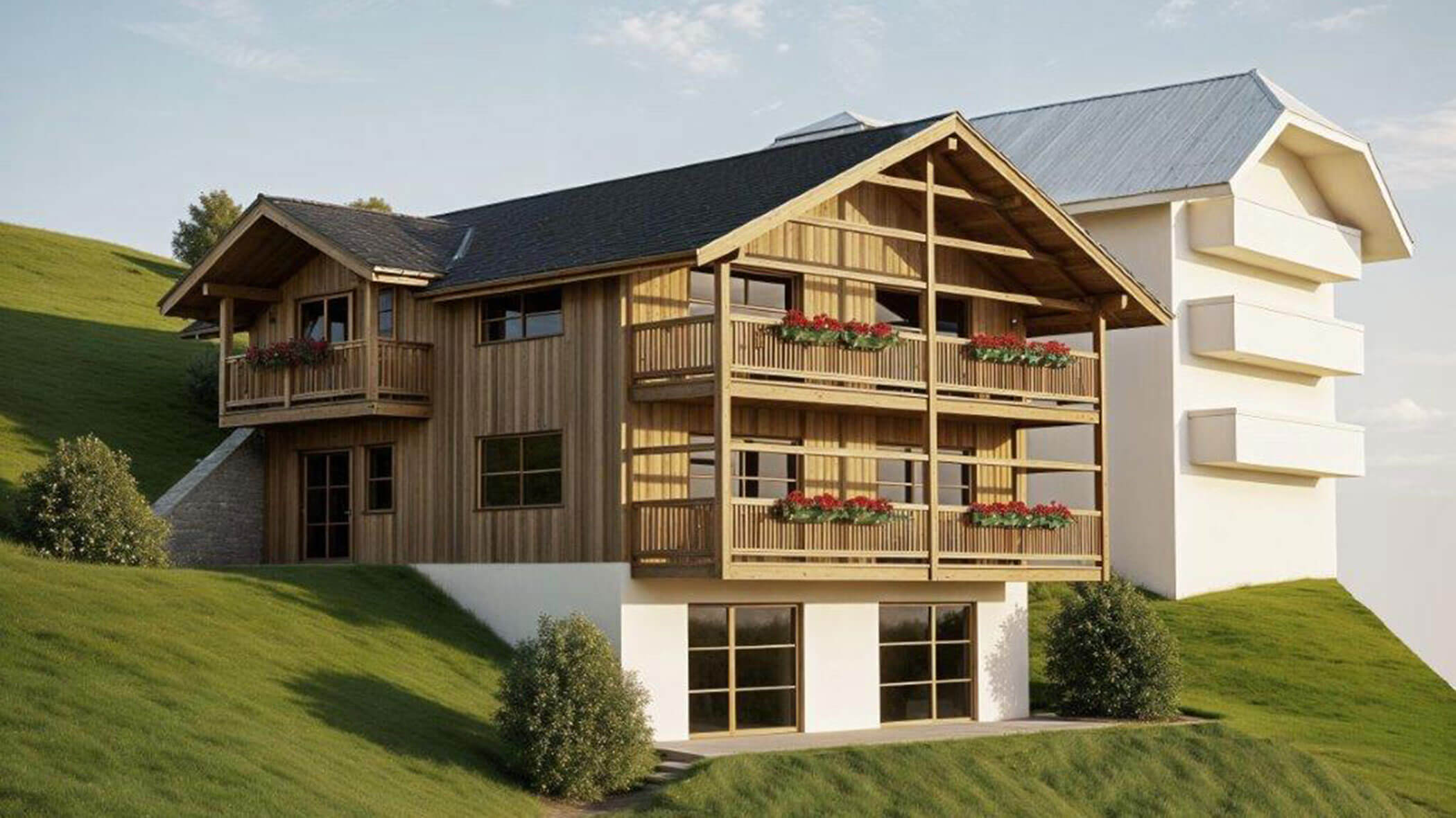 Ein modernes Holzhaus mit Balkonen und Blumenkästen, das an einem grasbewachsenen Hang neben einem weißen Gebäude steht. - Lüch de Poldele