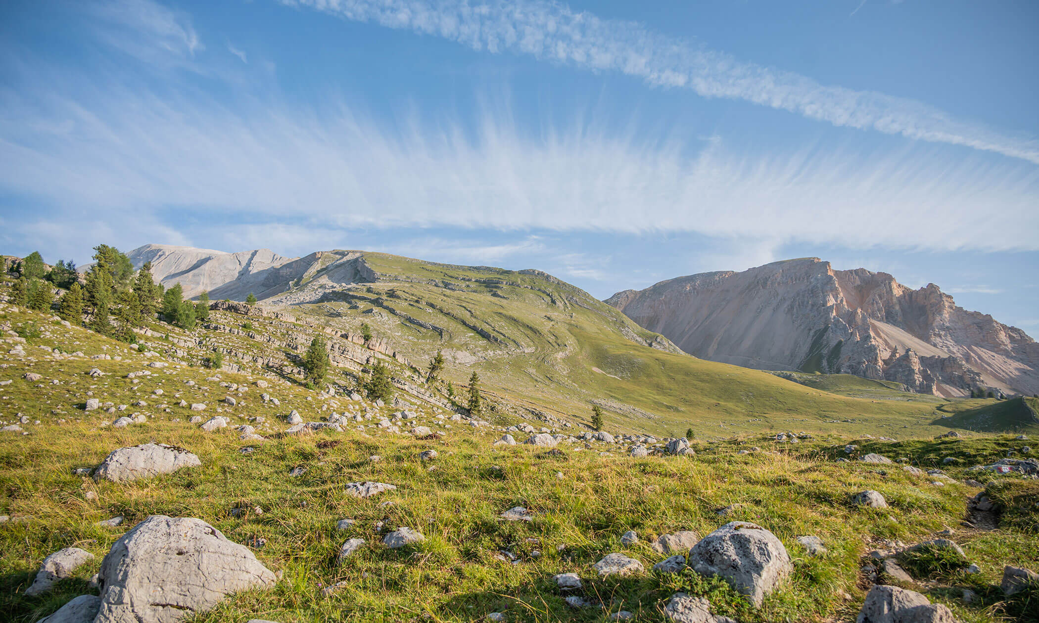Eine felsige, grüne Wiese mit vereinzelten Bäumen, Hügeln und schroffen Bergen unter einem blauen Himmel mit zarten Wolken. - Lüch de Poldele