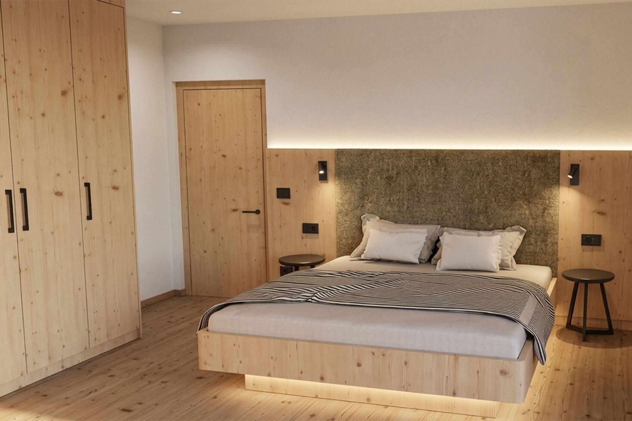 Minimalistisch eingerichtetes Schlafzimmer mit einem Holzbett, einem passenden Kleiderschrank, Nachttischen und sanfter Beleuchtung. - Lüch de Poldele